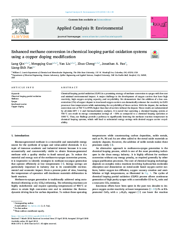 (PDF) Enhanced Methane Conversion in Chemical Looping Partial Oxidation ...