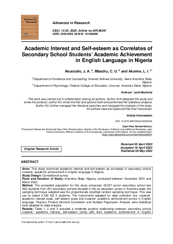 (PDF) Academic Interest and Self-esteem as Correlates of Secondary ...