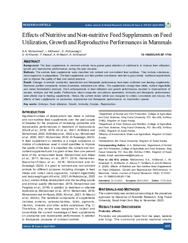 (PDF) Effects of Nutritive and Non-nutritive Feed Supplements on Feed ...