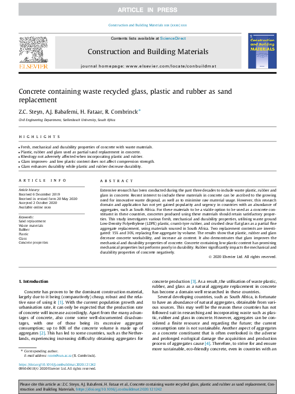 (PDF) Concrete containing waste recycled glass, plastic and rubber as ...