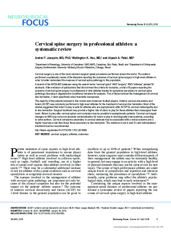 (PDF) Cervical spine surgery in professional athletes: a systematic review