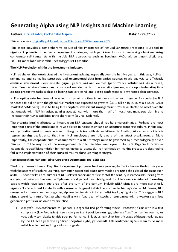 (PDF) Generating Alpha using NLP Insights and Machine Learning