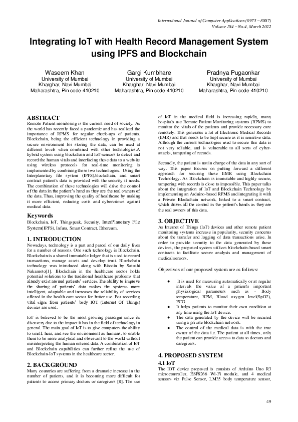 (PDF) Integrating IoT with Health Record Management System using IPFS ...
