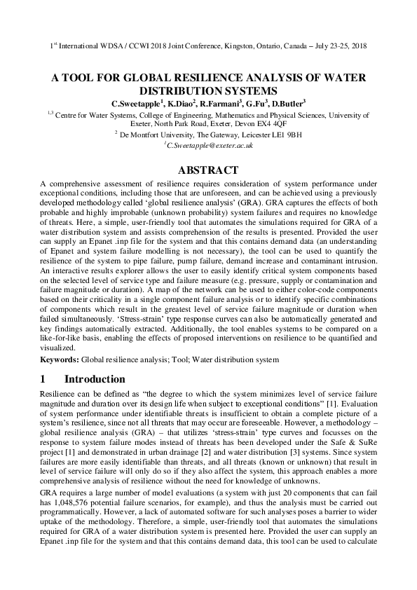 (PDF) A Tool for Global Resilience Analysis of Water Distribution Systems