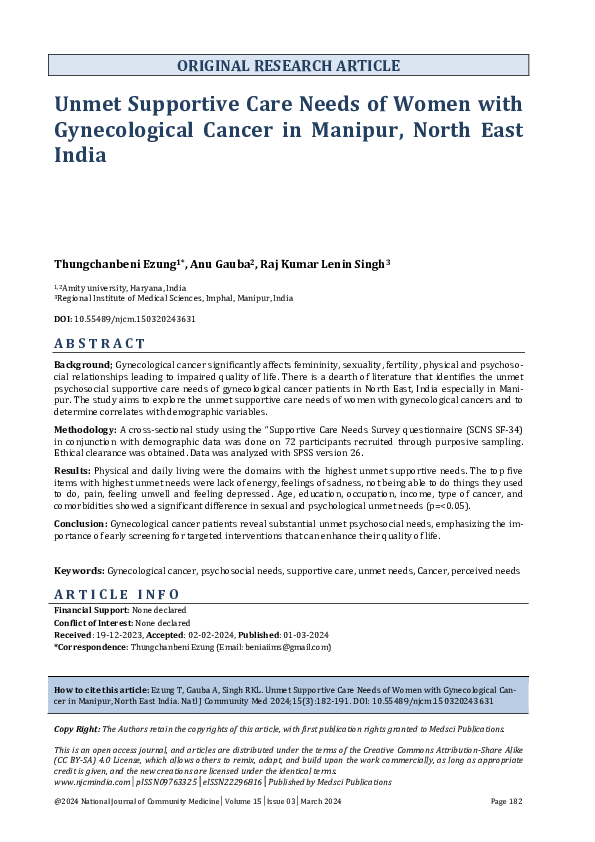 (PDF) Unmet supportive care needs of women with gynecological cancer in ...