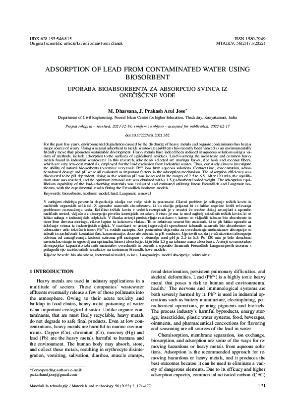 (PDF) Adsorption of Lead from Contaminated Water Using Biosorbent