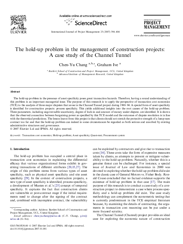 (PDF) The hold-up problem in the management of construction projects: A ...