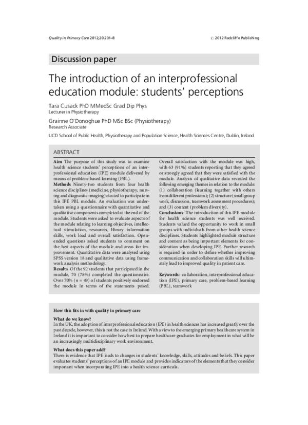 (PDF) The introduction of an interprofessionaleducation module ...