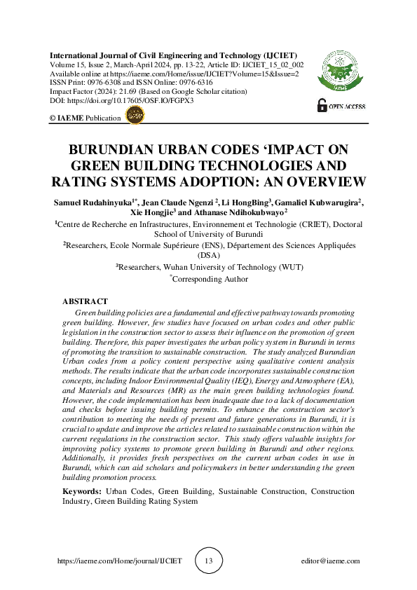 (PDF) BURUNDIAN URBAN CODES 'IMPACT ON GREEN BUILDING TECHNOLOGIES AND ...
