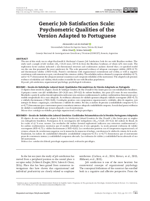 (PDF) Generic Job Satisfaction Scale: Psychometric Qualities of the ...