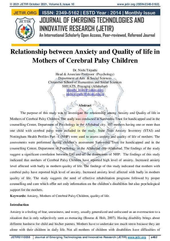 (PDF) Relationship between Anxiety and Quality of life in Mothers of ...