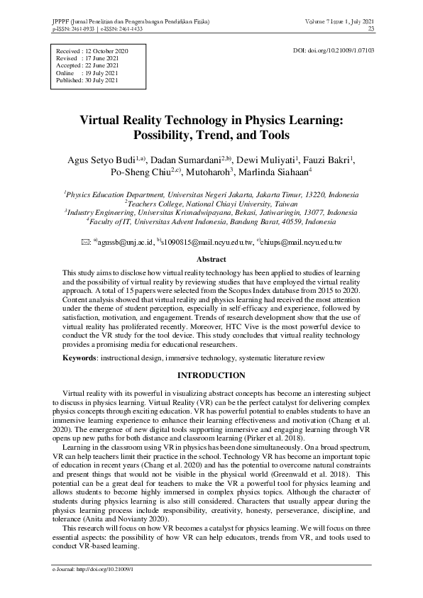 (PDF) Virtual Reality Technology in Physics Learning: Possibility ...