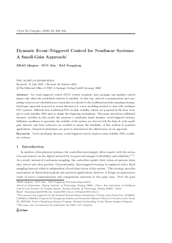 (PDF) Dynamic Event-Triggered Control for Nonlinear Systems: A Small ...