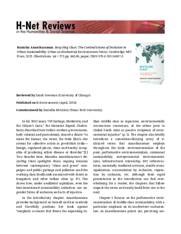 (PDF) Review of Anantharaman (2023), Recycling Class: The ...