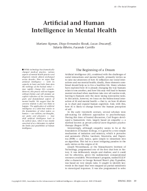 (PDF) Artificial and Human Intelligence in Mental Health