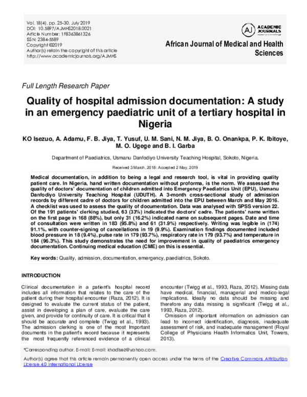 (PDF) Quality of hospital admission documentation: A study in an ...