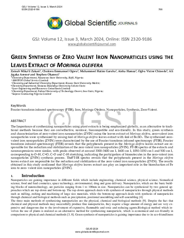 (PDF) GREEN SYNTHESIS OF ZERO VALENT IRON NANOPARTICLES USING THE ...