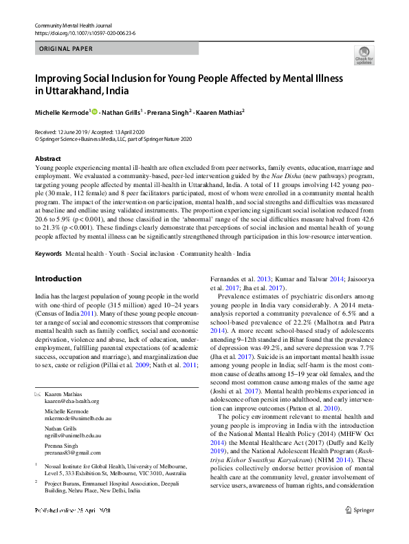 (PDF) Improving Social Inclusion for Young People Affected by Mental ...