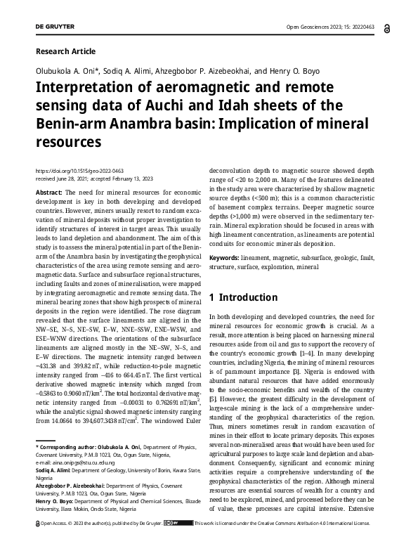 (PDF) Interpretation of aeromagnetic and remote sensing data of Auchi ...