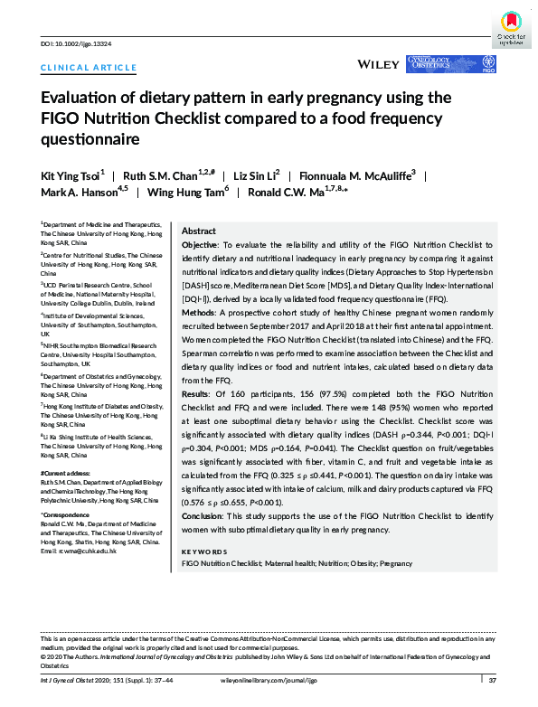(PDF) Evaluation of dietary pattern in early pregnancy using the FIGO ...