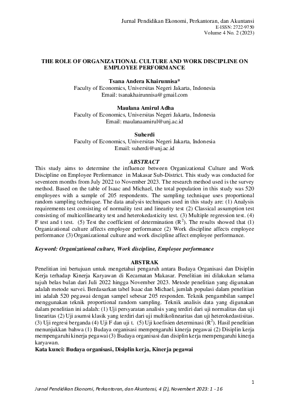 (PDF) THE ROLE OF ORGANIZATIONAL CULTURE AND WORK DISCIPLINE ON ...