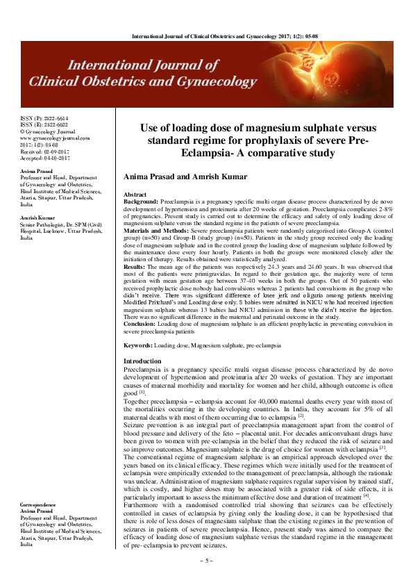 (PDF) Use of loading dose of magnesium sulphate versus standard regime ...