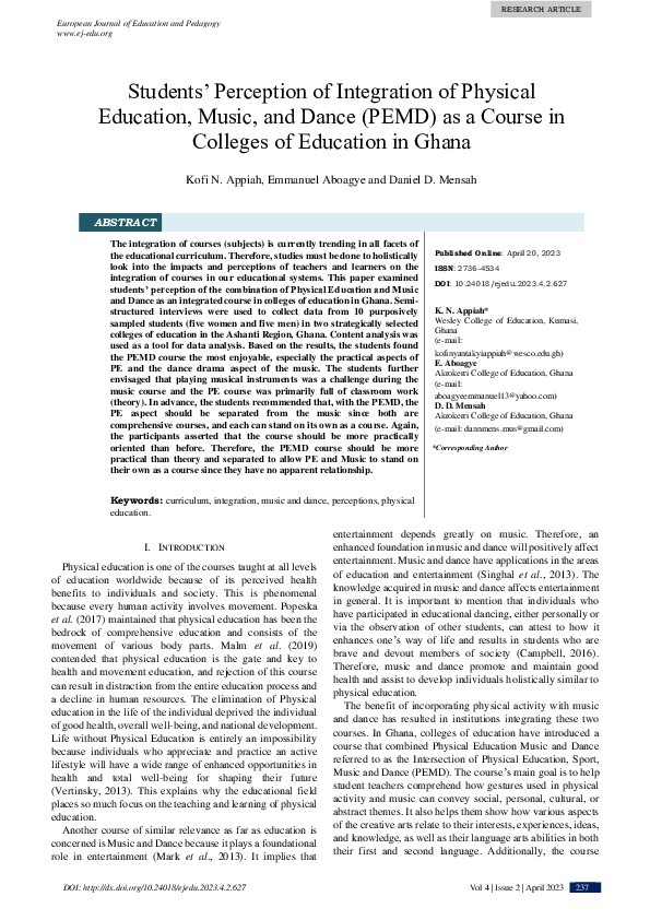 (PDF) Students Perception of Integration of PEMD