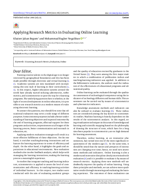 (PDF) Applying Research Metrics in Evaluating Online Learning