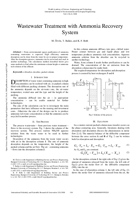 (PDF) Wastewater Treatment With Ammonia Recovery System