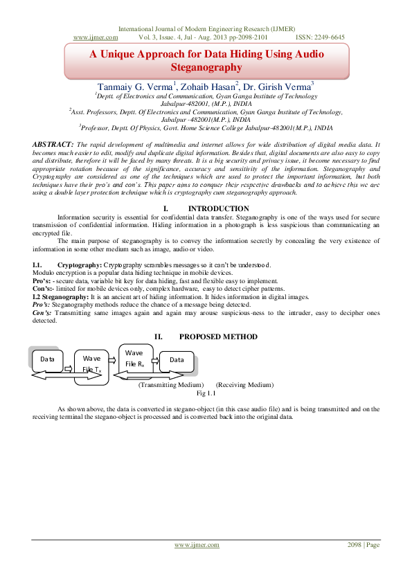 (PDF) A Unique Approach for Data Hiding Using Audio Steganography