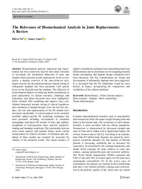 (PDF) The Relevance of Biomechanical Analysis in Joint Replacements: A ...