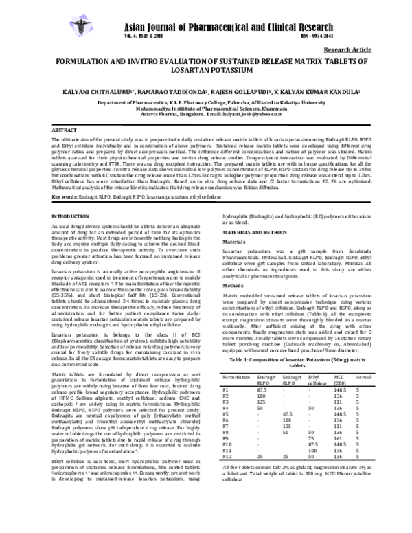 (PDF) FORMULATION AND INVITRO EVALUATION OF SUSTAINED RELEASE MATRIX ...
