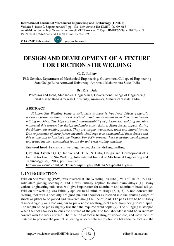 (PDF) DESIGN AND DEVELOPMENT OF A FIXTURE FOR FRICTION STIR WELDING
