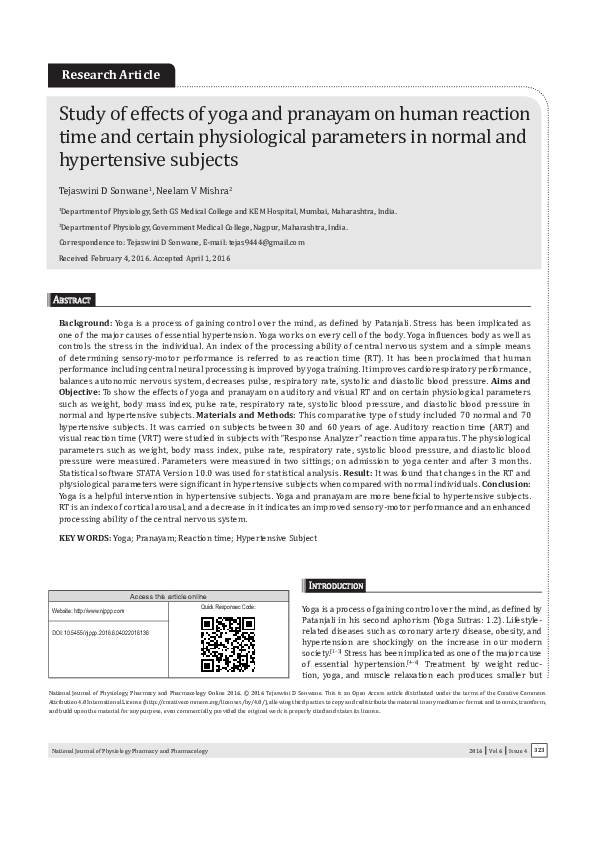 (PDF) Study of effects of yoga and pranayam on human reaction time and ...