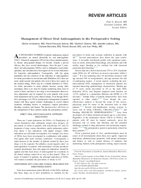 (PDF) Management of Direct Oral Anticoagulants in the Perioperative Setting