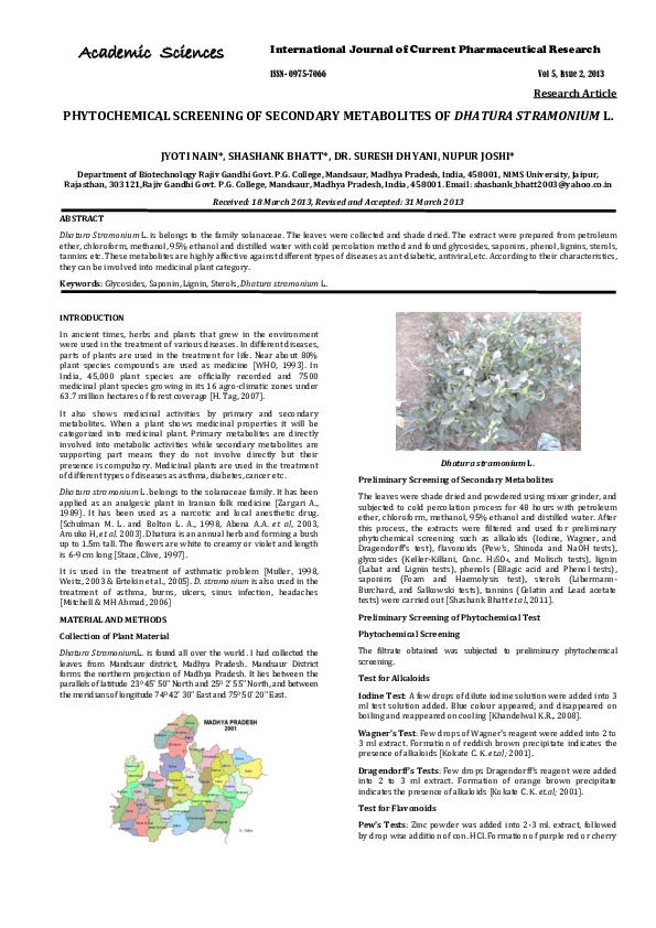 (PDF) Phytochemical Screening of Secondary Metabolites of Dhatura ...