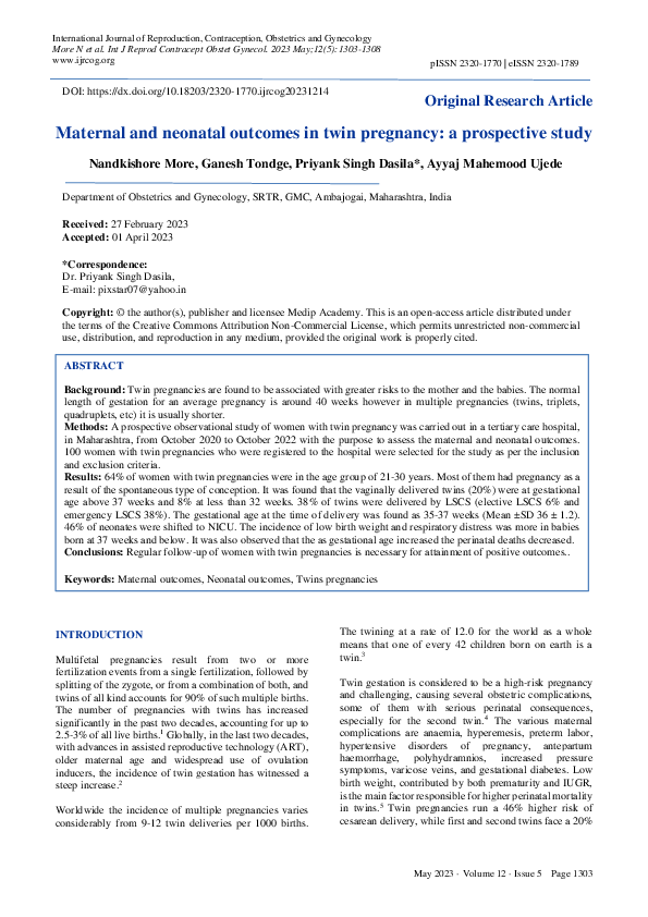 (PDF) Maternal and neonatal outcomes in twin pregnancy: a prospective study