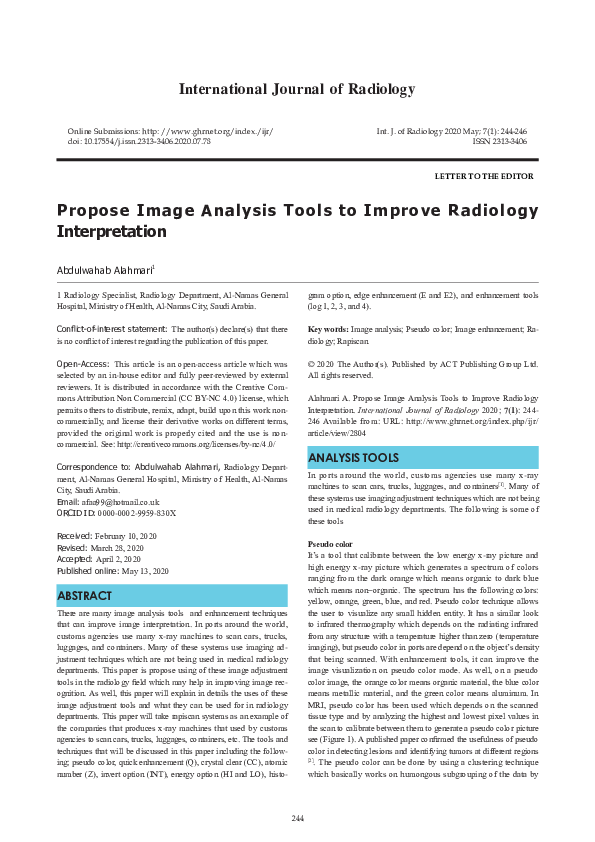 (PDF) Propose Image Analysis Tools to Improve Radiology Interpretation