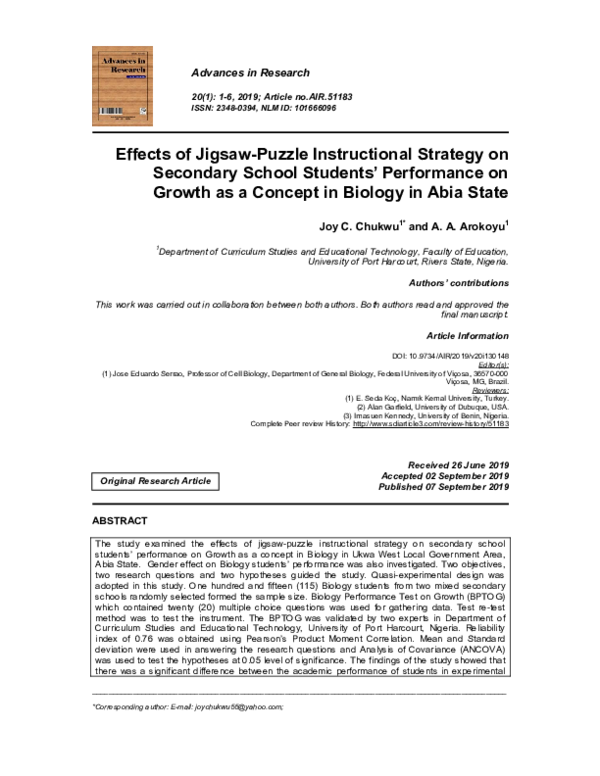 (PDF) Effects of Jigsaw-Puzzle Instructional Strategy on Secondary ...