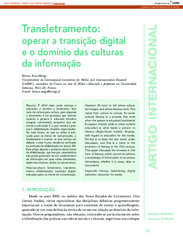 (PDF) Transliteracy: Operating the Digital Transition and the Field of ...