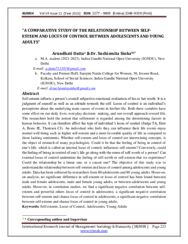 (PDF) "A COMPARATIVE STUDY OF THE RELATIONSHIP BETWEEN SELF-ESTEEM AND ...