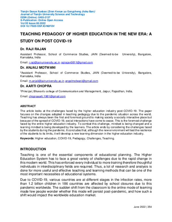 (PDF) TEACHING PEDAGOGY OF HIGHER EDUCATION IN THE NEW ERA: A STUDY ON ...