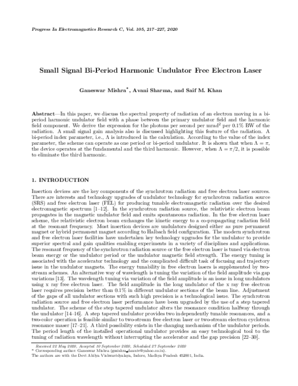 (PDF) Small Signal Bi-Period Harmonic Undulator Free Electron Laser