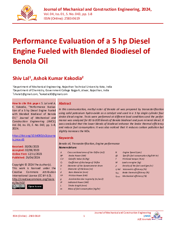 (PDF) Performance Evaluation of a 5 hp Diesel Engine Fueled with ...