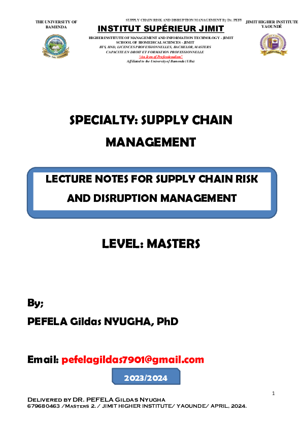 (PDF) LECTURE NOTES FOR SUPPLY CHAIN RISK AND DISRUPTION MANAGEMENT