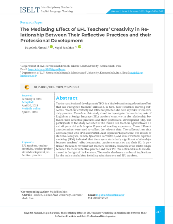 (PDF) The Mediating Effect of EFL Teachers’ Creativity in Relationship ...