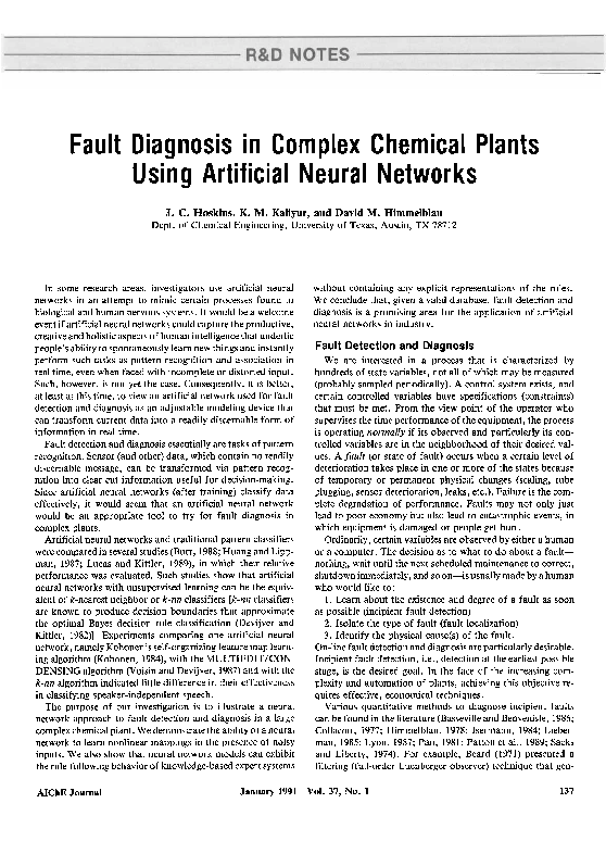 (PDF) Fault diagnosis in complex chemical plants using artificial ...