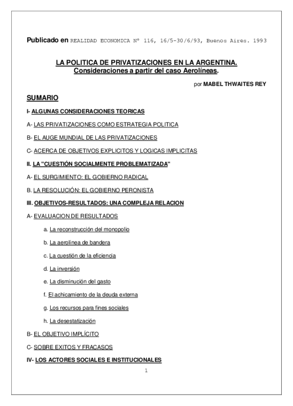 (PDF) La politica de privatizaciones en la argentina. Consideraciones a ...
