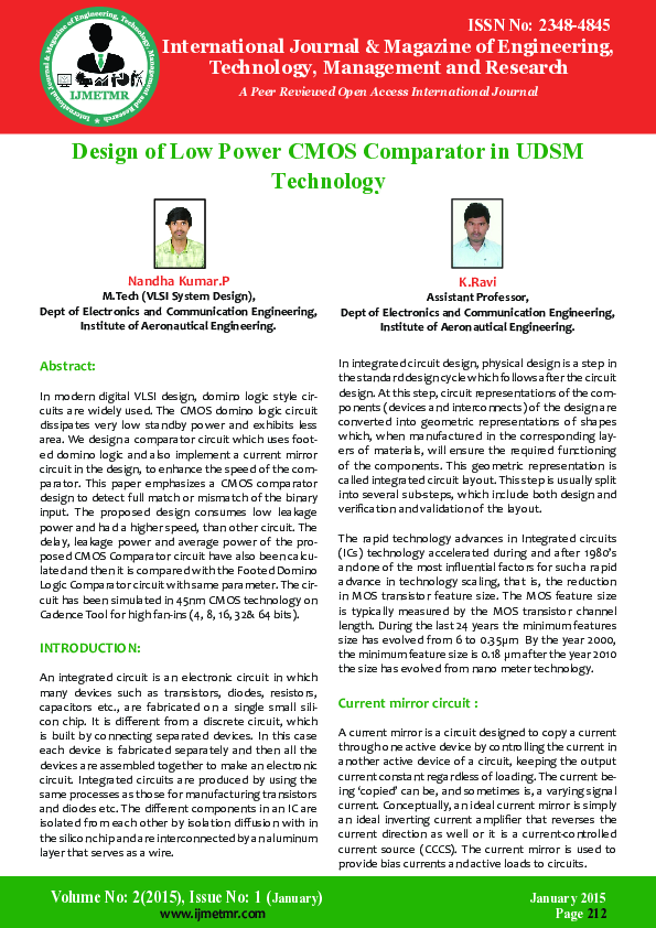 Design of Low Power CMOS Comparator in UDSM Technology