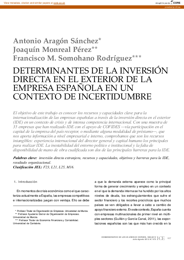 (PDF) Determinantes de la inversión directa en el exterior de la ...